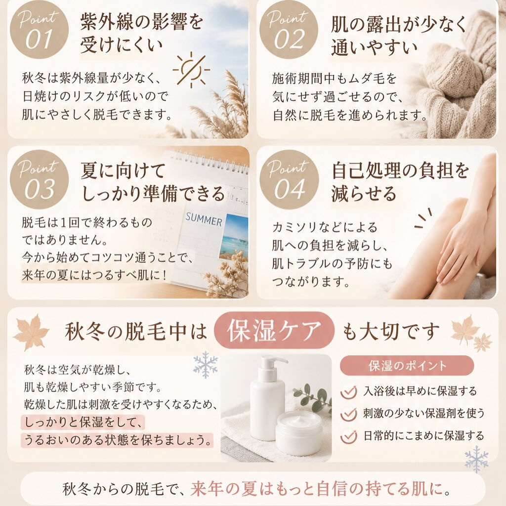 🍁 実は秋冬こそ脱毛を始めるおすすめの季節！ ❄️